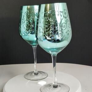 Artland Wine Glasses 2 Brocade Blue/Metallic Platinum Finish 10" Scrollwork Y2K